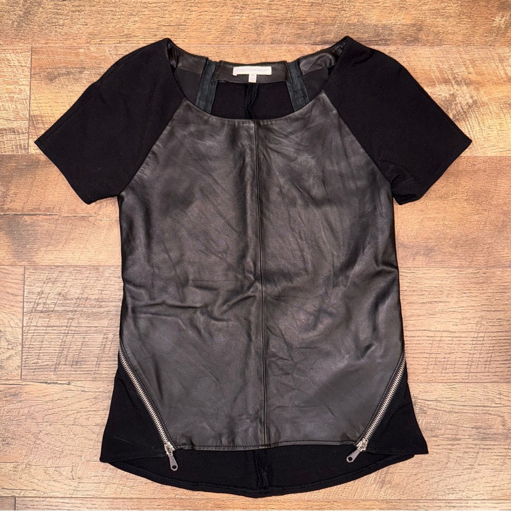 Rebecca Minkoff Lambskin Leather Alma Short Sleeve Zip Top